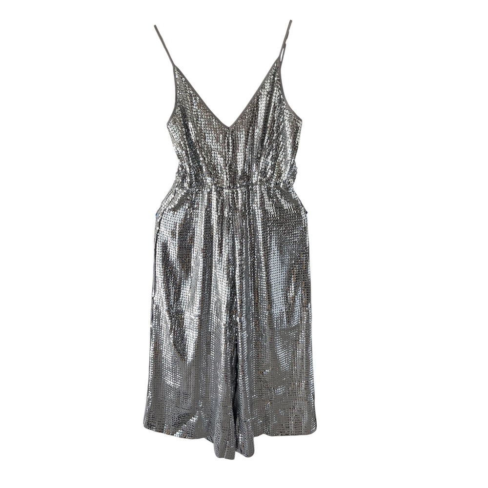 Venus Silver Sequin Wide Leg Jumpsuit Womens 4 Party Cocktail Disco Glam 80s